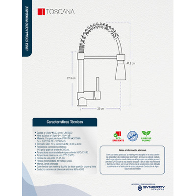 Llave Mezcladora Monomando Inoxidable De Cocina Mc-898