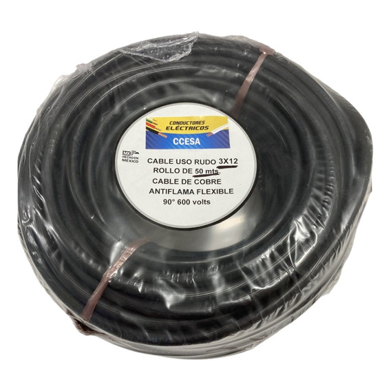 Cable Uso Rudo 3x12 Negro Rollo 50 Mts 100% Cobre