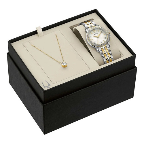 Reloj Bulova Dama Swarovski Dorado 98x127 Cristal Set Collar Color de la correa Plateado/Dorado Color del fondo Blanco