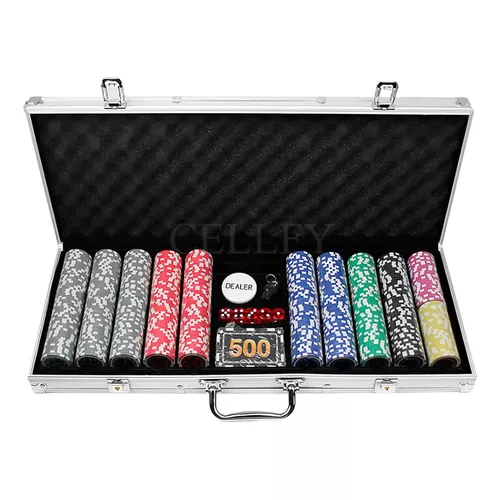 Maleta de poker 500 fichas baralho dados kit completo jogador