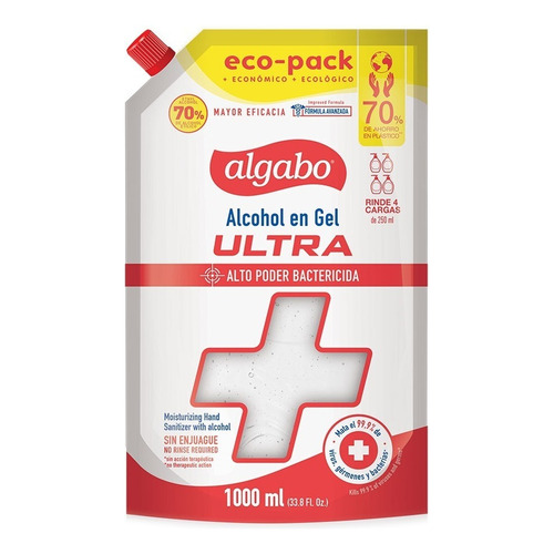 Alcohol gel Algabo Ultra en ecopack fragancia a neutra con dosificador 1000 ml pack x 24