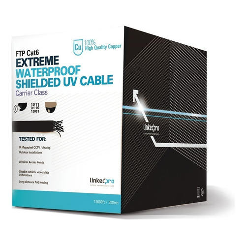 Cable LinkedPro Utp Cat 6 Ext Life Negro 305m Para Climas Extremos 100% Cobre