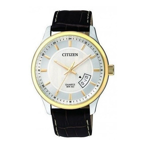 Reloj Citizen Bi105412a Hombre Cuero Sumergible 50mts Fecha Color de la malla Negro Color del bisel Dorado Color del fondo Plateado