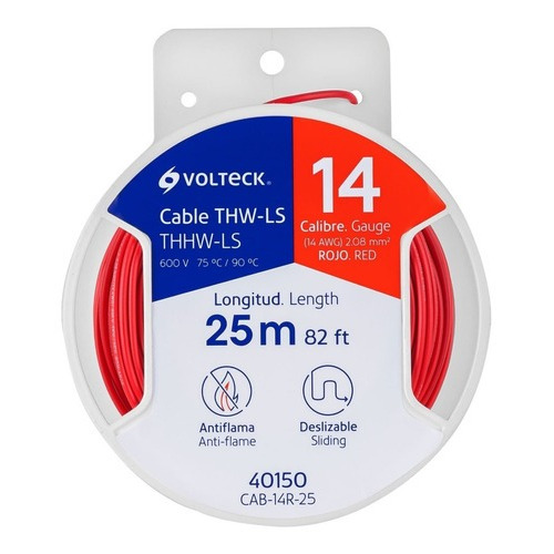 Carrete Con 25 M De Cable Thhw-ls 14 Awg Rojo, Volteck 40150 Color de la cubierta Rojo