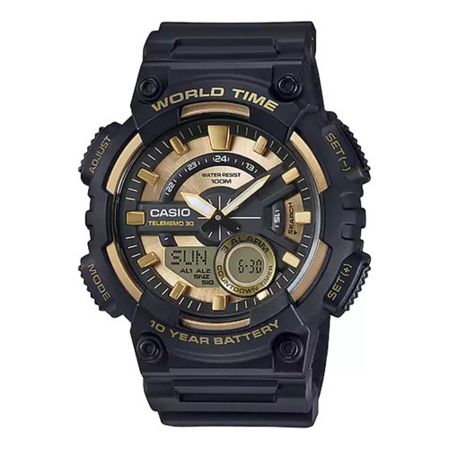 Reloj Casio World Time Black & Gold Original Color De La Correa Negro Color Del Bisel Negro Color Del Fondo Dorado