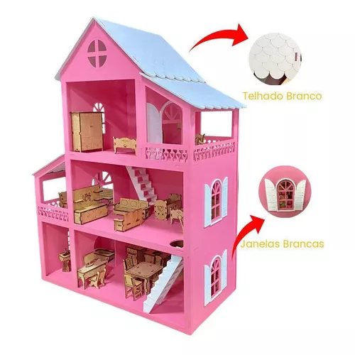 Casa Casinha Para Bonecas Barbie Polly Madeira Mdf Rosa e Branco