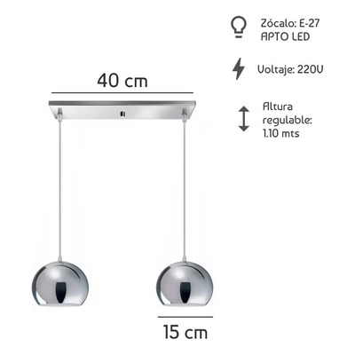 Colgante 2 Luces Cromo Moderna Deco Apto Led