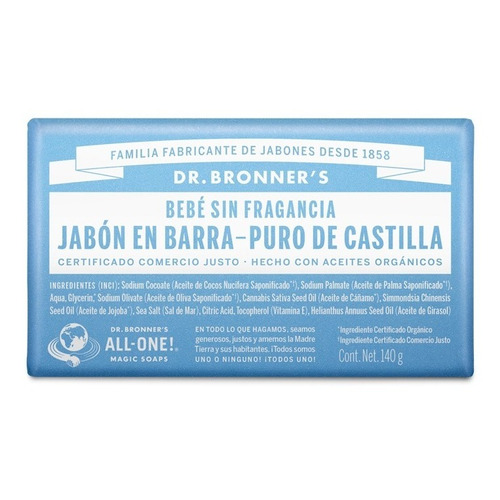 Dr. Bronner Jabón Puro De Castilla Barra Sin Fragancia 140g