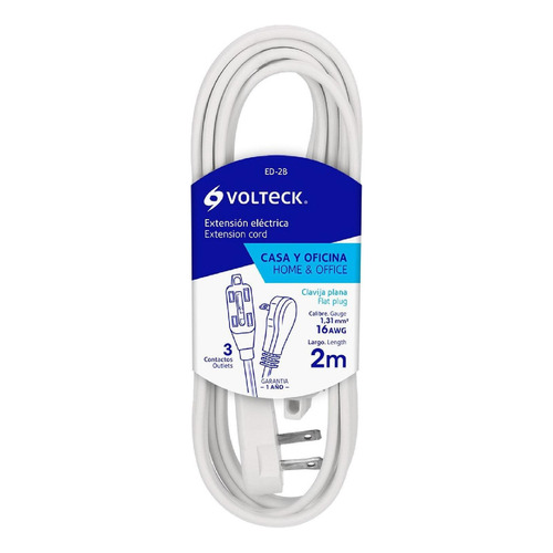 Extensión Eléctrica Doméstica, 2 M, Blanca, Volteck 48000 Color Blanco