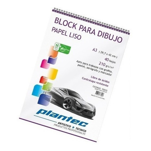 Block Plantec Dibujo A3 Liso 40 Hojas 210g Acrilico Tecnico Color Blanco
