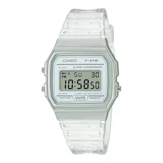 Reloj Pulsera Casio Collection F-91wg-9qdf-sc De Cuerpo Color Plateado, Digital, Para Hombre, Fondo Gris, Con Correa De Resina Color Transparente, Dial Negro, Minutero/segundero Negro, Bisel Color Pla