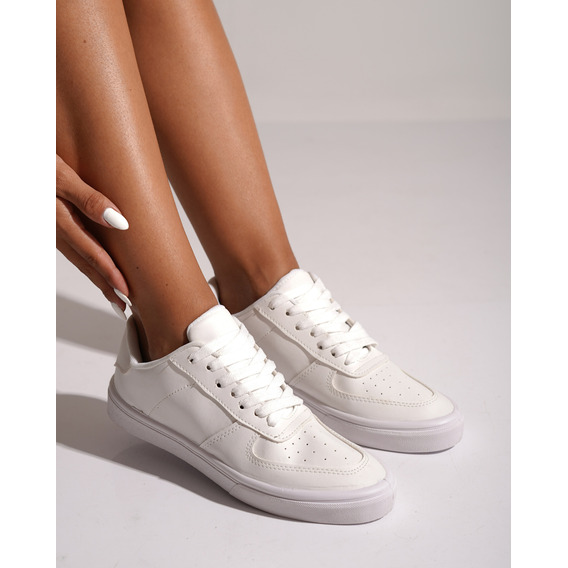 Zapatillas Blancas Moda Mujer Urbanas Cuero Bajas Cordon