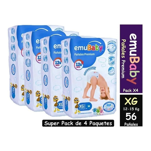 Pañales Emubaby Premium Xg Pack 4 Paquetes Total 56 U