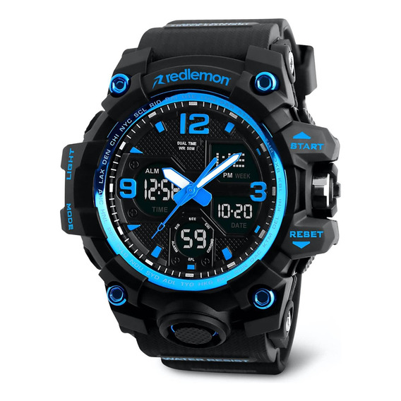 Redlemon Reloj Digital y Análogo, Deportivo y Militar, 4 Pantallas, Retroiluminación, Resistente al Agua, con Cronómetro, Temporizador, Alarma y Fecha, Modelo 1155B, Color Azul