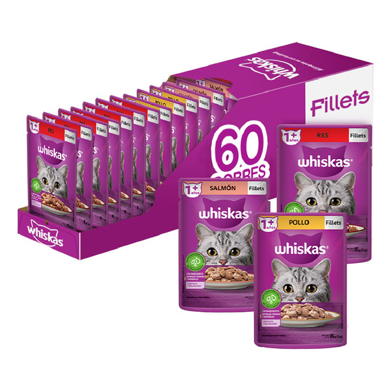 Whiskas alimento húmedo gato 60 sobres carne pollo y salmón