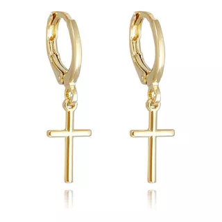 Brinco De Argola Argolinha Cruz Crucifixo Banhado A Ouro Cor Dourado