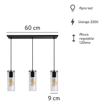 Colgante 3 Luces Negro Deco Apto Led Cilindro Transparente 