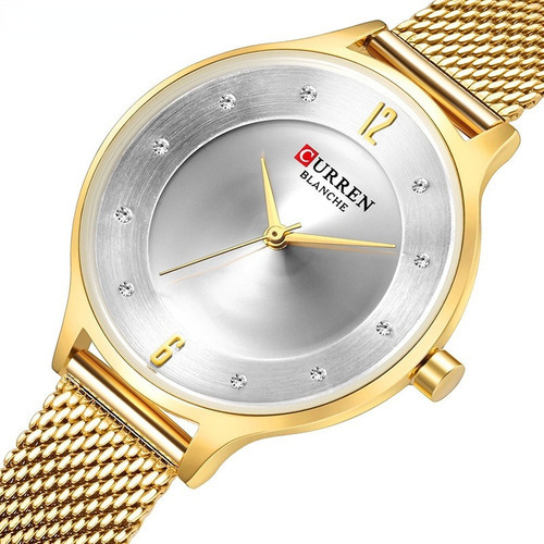 Reloj De Correa De Malla Impermeable Curren Para Mujer Color Del Bisel Golden/white