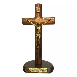 Crucifixo Madeira De Mesa Cristo Em Metal - 17 Cm Pv