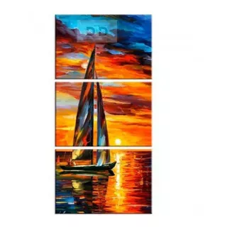 Quadro Decorativo Vertical Mar Barco Vela Sol Desenho 3mm