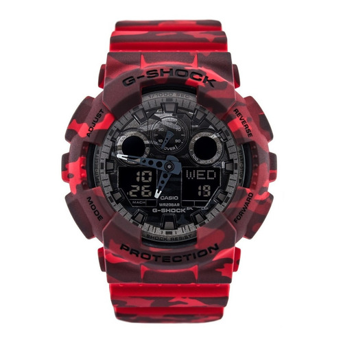 Reloj pulsera Casio G-Shock GA100 de cuerpo color camuflado rojo, analógico-digital, para hombre, fondo camuflado gris, con correa de resina color camuflado rojo, agujas color azul y blanco, dial gris, subesferas color gris, minutero/segundero gris, bisel color camuflado rojo y hebilla doble