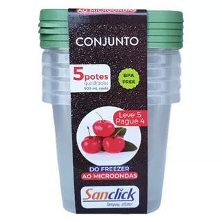 Conjunto 5 Potes Plasticos Quadrados 900ml Bpa Free Feijão