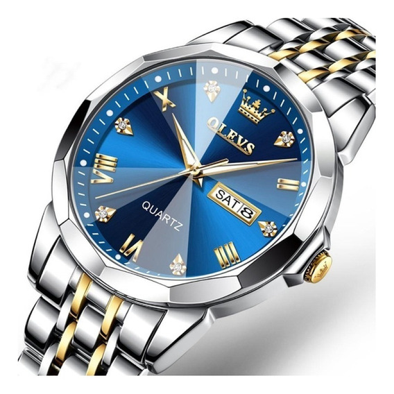 Reloj pulsera Olevs 9931 de cuerpo color plateado, analógico, para hombre, fondo azul, con correa de acero inoxidable color plateado y dorado, agujas color dorado y blanco, dial dorado y plateado, min