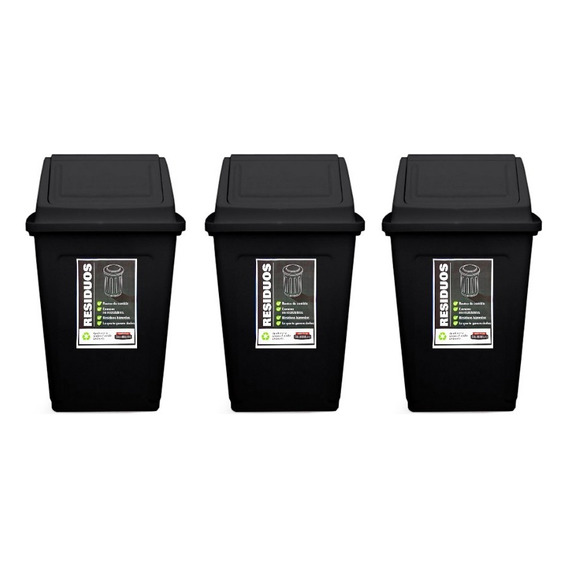 Cesto Residuos Reciclado 55lts Tapa Vaiven X 3u Colombraro Color Negro