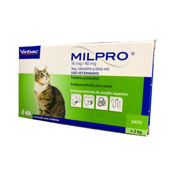 Desparasitante Interno Para Gato Virbac Milpro 16mg (4 Comp)