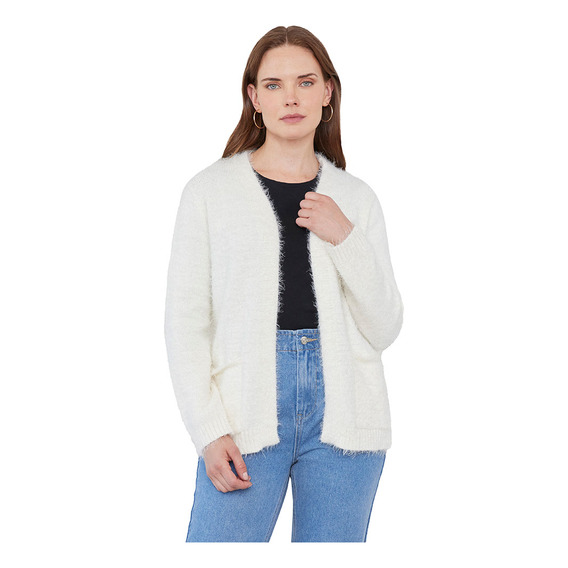 Sweater Mujer Crudo Cardigan Peludo Corona