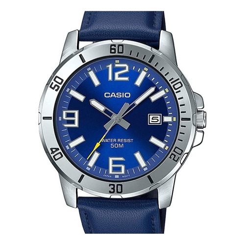 Reloj pulsera Casio MTP-VD01 con correa de cuero color azul - bisel plateado