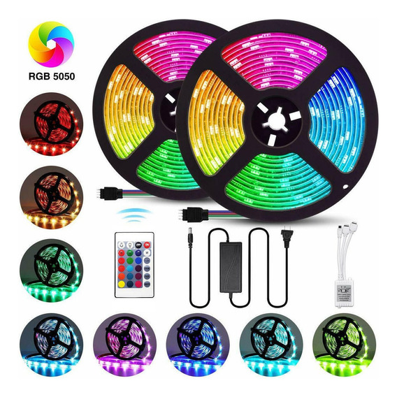 LED RGB Tira Luces Led Rgb 5050 / 10metros / Con Control Remoto Y Transformador / Protección IP65