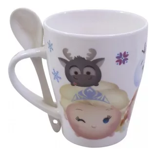 Caneca De Porcelana Com Colher Anna Elsa Frozen Tsum Disney