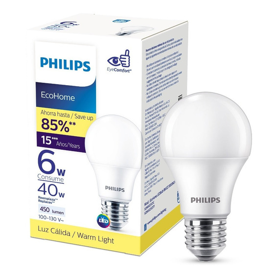 Bombilla Led Philips Ecohome 6w Luz Blanca Y Cálida 