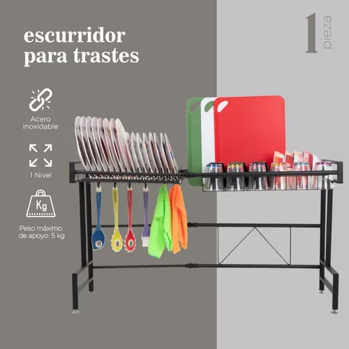 Escurridor de platos sobre el fregadero, acero inoxidable, para  almacenamiento de utensilios de cocina, negro