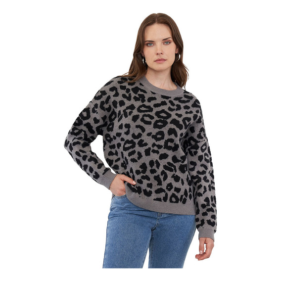 Sweater Mujer Print Animal Gris Corona