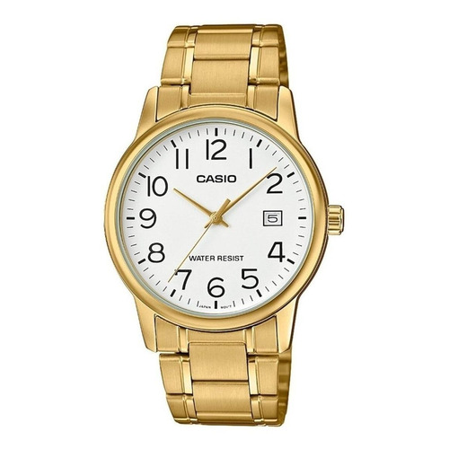 Reloj pulsera Casio MTP-V002 con correa de acero inoxidable color dorado - fondo blanco