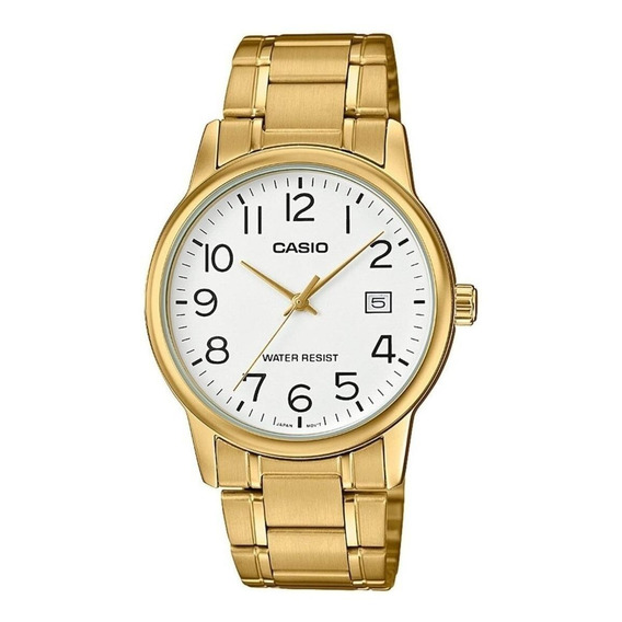 Reloj pulsera Casio Enticer MTP-V002 de cuerpo color dorado, analógico, para hombre, fondo blanco, con correa de acero inoxidable color dorado, agujas color dorado, dial gris oscuro, minutero/segunder