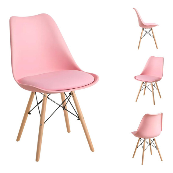 Set De 4 Sillas Comedor Eames Tulip Modernas Minimalistas Estructura de la silla Madera Asiento Rosa Diseño de la tela liso