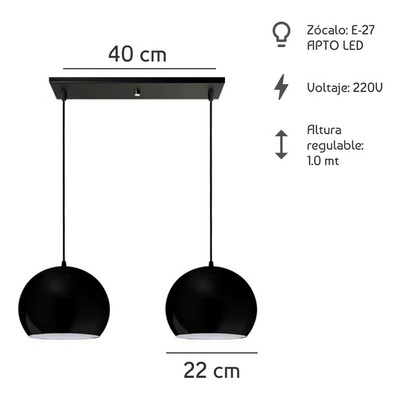 Lampara Colgante 2 Luces Bocha 22cm Negra Led Luz Desing