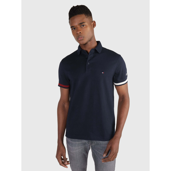 Polo Azul Marino Con Franjas  En Manga Tommy Hilfiger Hombre