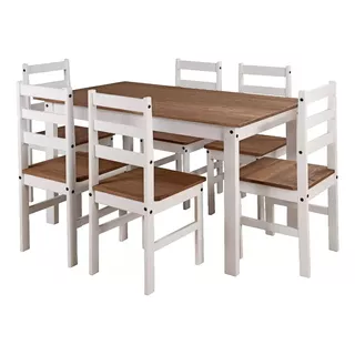 Juego De Comedor Mesa 6 Sillas Madera Maciza Reforzada Pino Color Blanco Diseño De La Tela De Las Sillas Liso