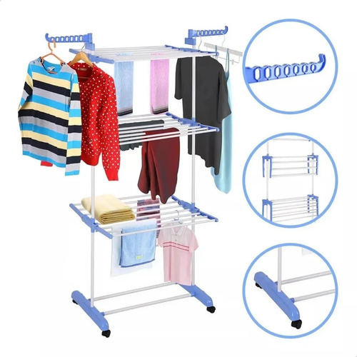 Varal De Chão Grande De Roupas 3 Andares Dobrável Cor Azul Kontuz 170 cm Varal De Chão Grande De Roupas 3 Andares Dobrável Cor Azul Kontuz 170 cm
