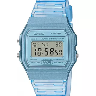 Relógio Casio Feminino Vintage Digital Cores F-91ws-2df Correia Azul Bisel Azul Fundo Cinza