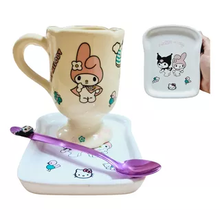 Taza Plato Y Cuchara Hello Kitty My Melody Kuromi Cerámica