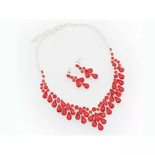 Conjunto Collar Y Aros Piedras Strass Rojas. Plateado