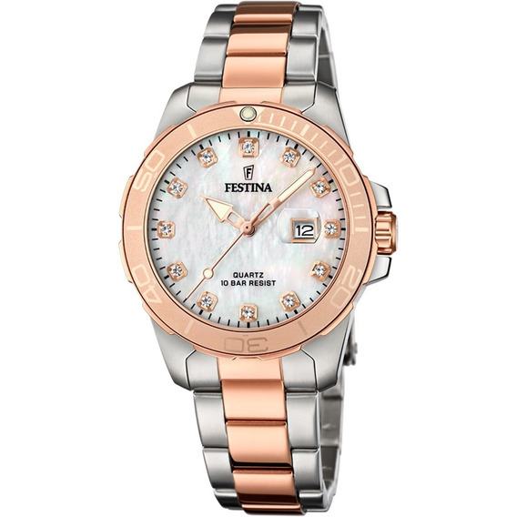 Reloj de pulsera Festina F20505 de cuerpo color plateado, analógico, para mujer, fondo nacarado, con correa de acero inoxidable color plateado y rosé, agujas color blanco y rosa, dial rosa y plateado,