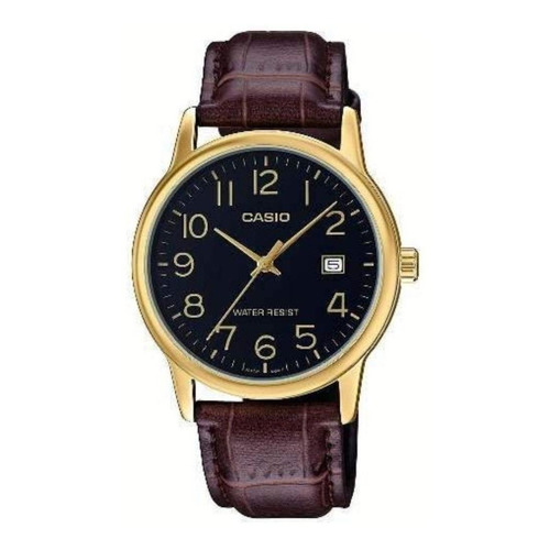 Reloj pulsera Casio MTP-V002 con correa de cuero color marrón - fondo negro - bisel dorado