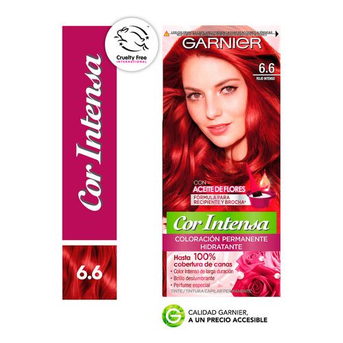 Kit Tintura, Oxidante Garnier  Cor intensa Kit Coloración Permnente Hidratante Garnier Cor Intensa tono 6.6 rojo intenso 20Vol. para cabello