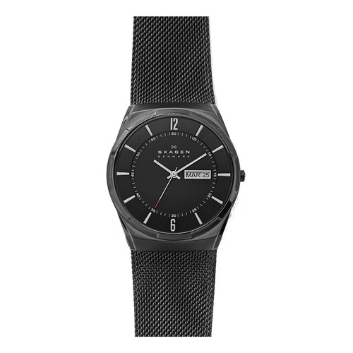 Reloj de pulsera Skagen Melbye de cuerpo color midnight, analógico, para hombre, fondo midnight, con correa de acero inoxidable color negro, agujas color blanco y rojo, dial blanco, minutero/segundero blanco, bisel color negro y hebilla de gancho